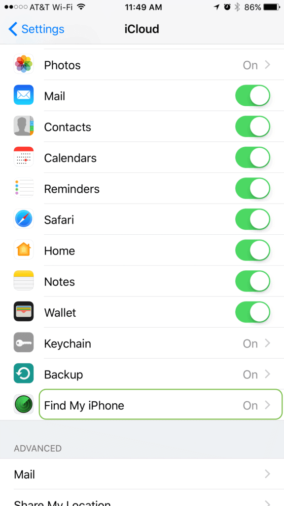 Select find my iPhone in settings