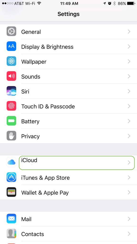iPhone Settings Window with iCloud highlighted