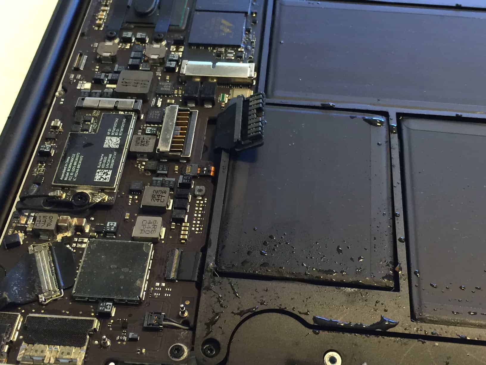 Inside of MacBook Air with water droplets